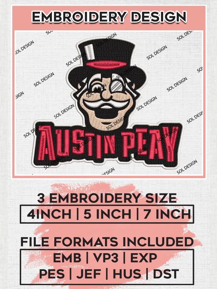 NCAA Austin Peay Team Head Mascot Logo embroidery designs, NCAA Austin Peay Governors Logo Machine embroidery designs, NCAA Team Logo embroidery designs, NCAA Game Day Machine embroidery designs, Digital Download