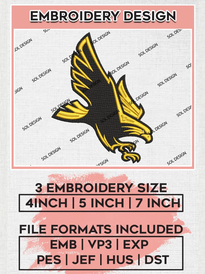 NCAA Southern Miss Golden Eagles Team Mascot Logo Embroidery Design Files, NCAA Southern Miss Golden Eagles Machine Embroidery, NCAA Teams, Game Day, 3 sizes, NCAA Machine embroidery designs, Digital Download