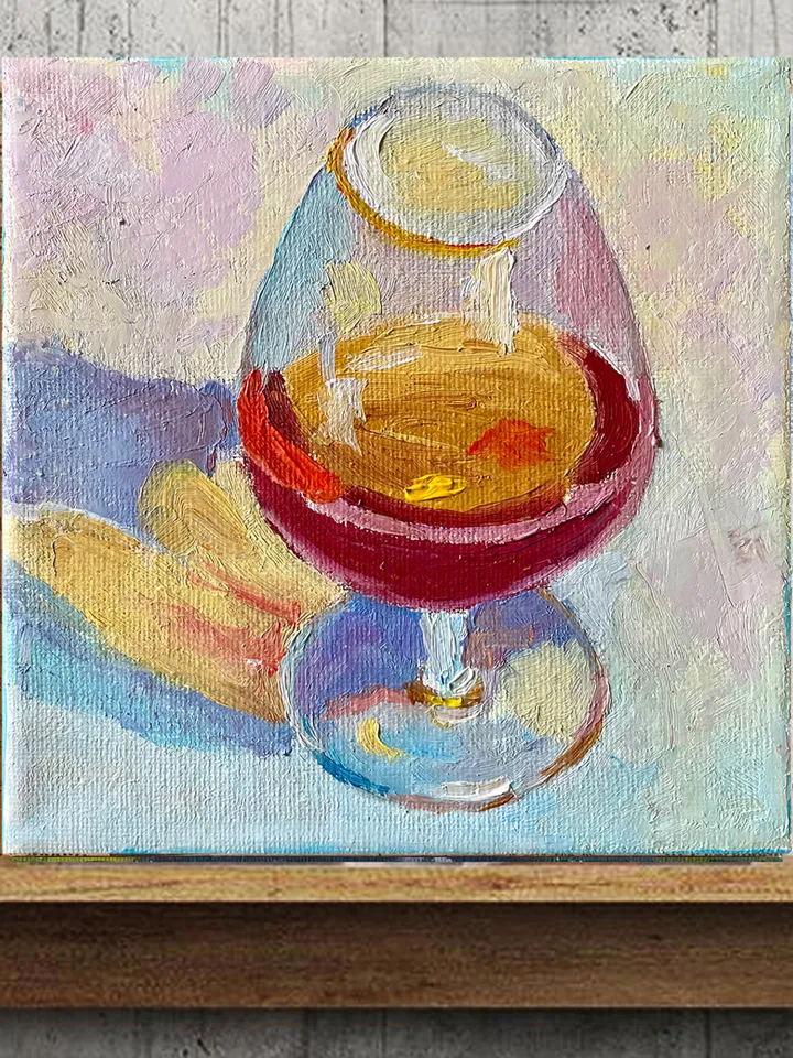 Cognac Painting Original Drink Wall Art Glass of Brandy Oil on Canvas Bar Cart Decor 6"x6"