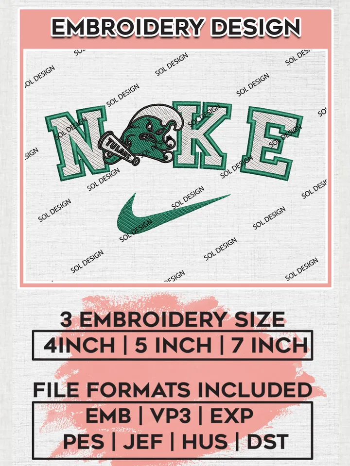 Nike Tulane Green Wave Machine Embroidery Design, NCAA Tulane Green Wave Embroidery Design Design files, NCAA Embroidery Designs, NCAA Machine Embroidery Designs, Digital Download
