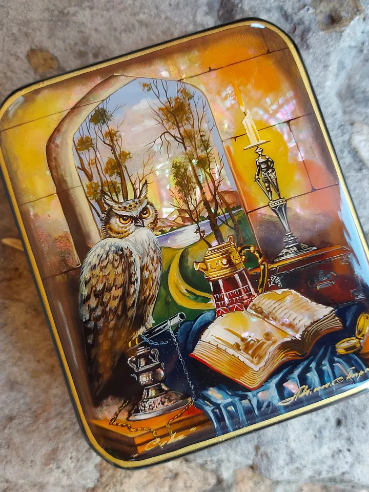 Beautiful Russian Lacquer Box "Learned Owl" Fedoskino Jewelry Box Hand Painted Miniature Painting Papier-mache Pearl Owl Box