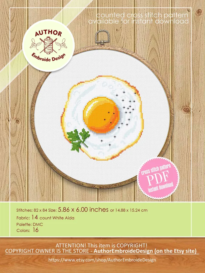 Fried egg cross stitch pattern PDF instant download Food cross stitch chart for beginners, Small egg pattern digital PDF, Kitchen decor #F21