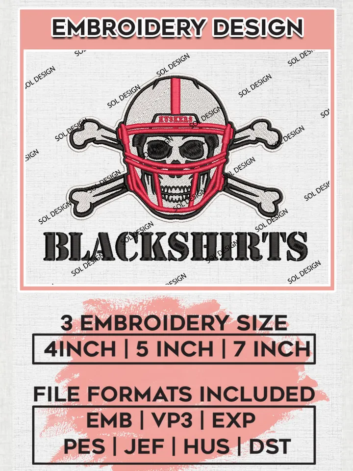 NCAA Blackshirts Skull Team Logo Embroidery Design Files, NCAA Nebraska Cornhuskers Machine Embroidery, NCAA Teams, 3 sizes, NCAA Machine embroidery designs, Digital Download