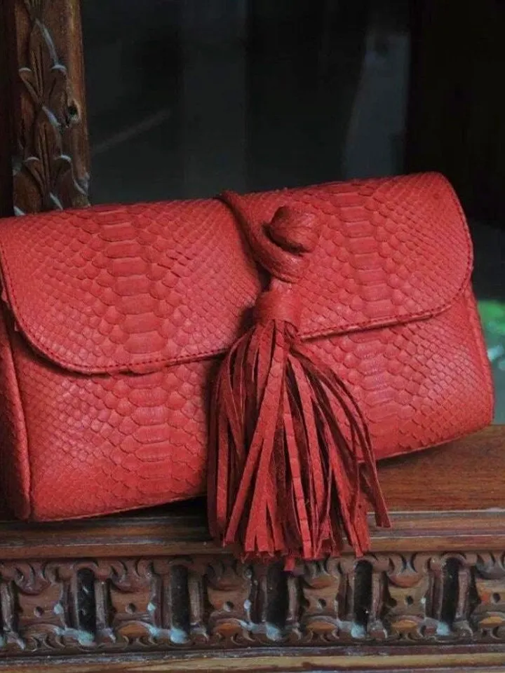 Genuine Python Skin Clutch with tassel |women purse | exotic leather bags | red classy evening clutch | designer crossbody bag handmade