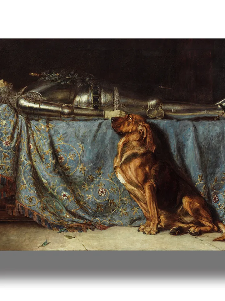 Rest in peace. Requiescat. A dead knight with dog.