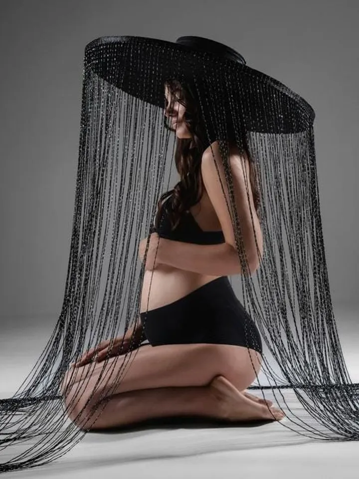 fringed hat, hat with threads, hat for photo shoot, black hat with long threads