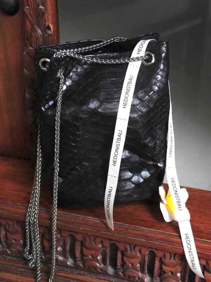 Genuine python skin bucket black chain bag / designer women purse / small soft sport bag / exotic leather bags free shipping | gift for her
