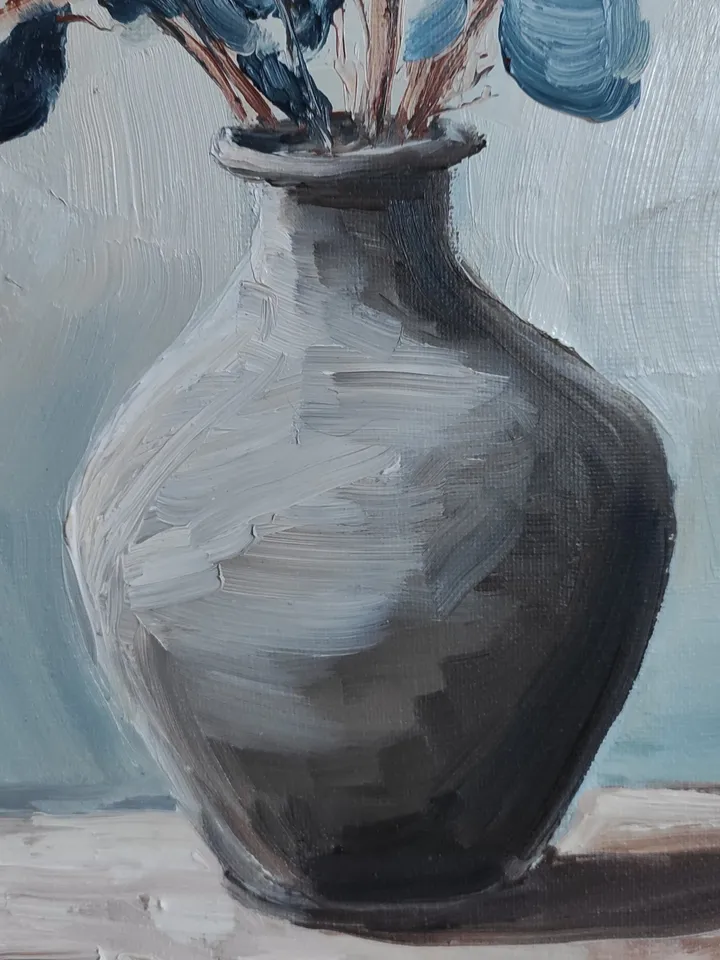 Original oil painting on canvas still life with eucalyptus