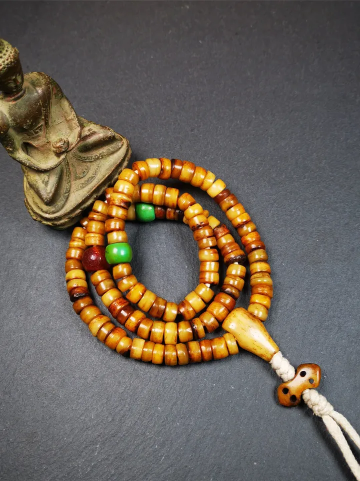 Gandhanra Old Tibetan 108 Yak Bone Mala,Prayer Beads Necklace,Rosary Beads for Meditation,Diameter 0.35", Circumference 22"