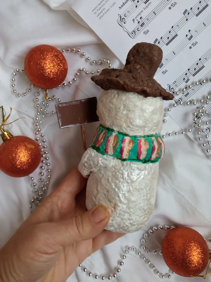 Figurine of snowman made of handmade papier mache. Christmas and New Year decor, Xmas gifts