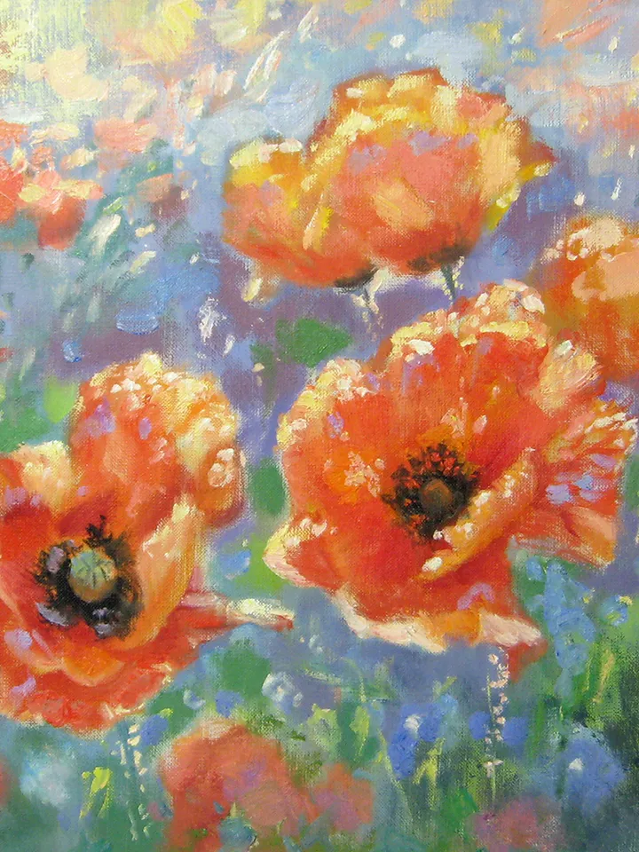 Poppy Painting Original Art Red Flower Impressionism Artwork Blooming Meadow