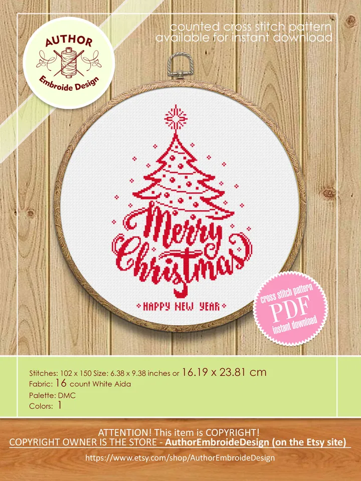 Christmas tree cross stitch pattern download PDF, Merry Christmas pattern digital, Monochrome embroidery beginner, Easy xmas stitch #N74