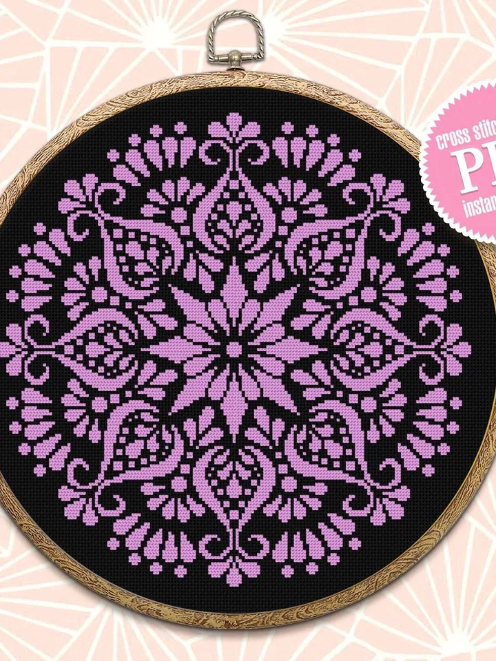 Flower mandala cross stitch pattern download PDF, Monochrome mandala pattern digital PDF, Easy floral ornament cross stitch chart #M109