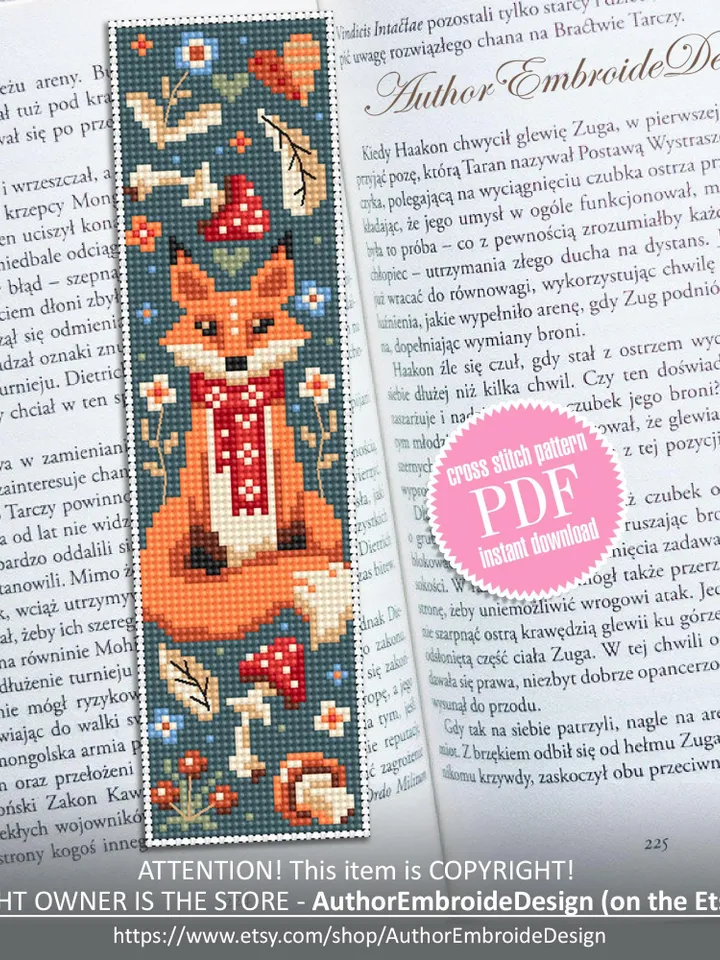 Animal bookmark cross stitch pattern PDF download Scandinavian folk fox cross stitch chart, Autumn bookmark pattern digital PDF #B426