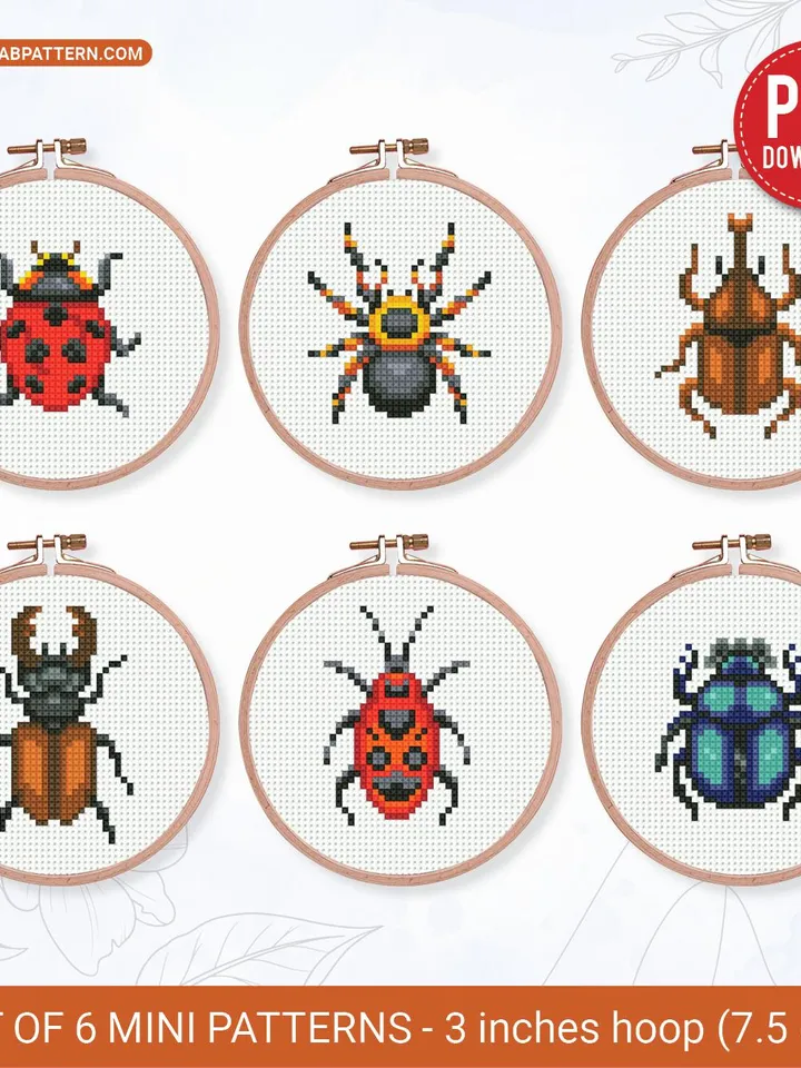Bundle mini Insects 6 Cross stitch patterns, contemporary, Abstract, Ladybug, beginner, modern chart, gift DIY, embroidery, instant PDF