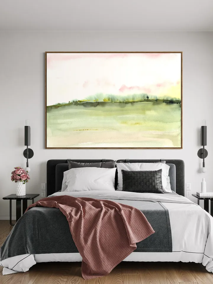Pink Green Landscape Watercolor Painting,Neutral Maximalist Pink Art,Horizontal Art, Minimalist Landscape Wall Art, Pink Wall Decor