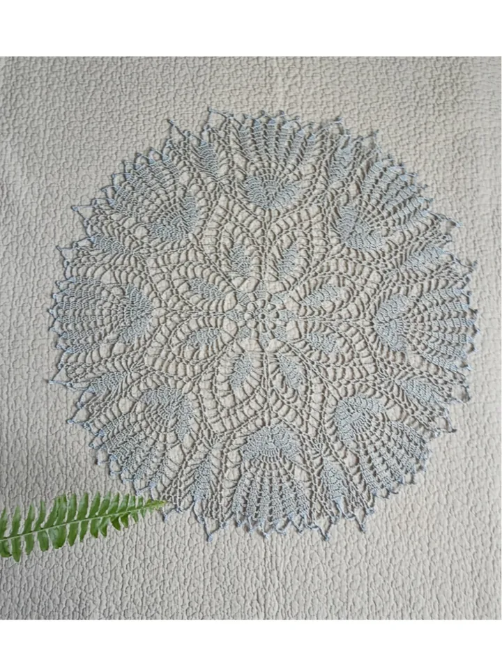 Hand crocheted large emerald mint doily gray-beige tablecloth 18.50-20.47 inches