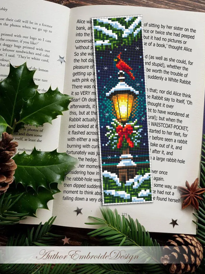 Christmas bookmark cross stitch pattern PDF download Christmas lamp post cross stitch chart, Winter bookmark pattern digital, Cardinal #N384