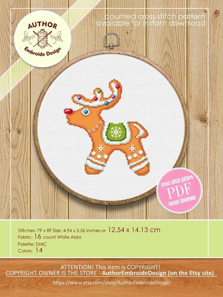 Christmas gingerbread cross stitch pattern download PDF Christmas deer cross stitch chart, Cute small cross stitch Gingerbread ornament #N88