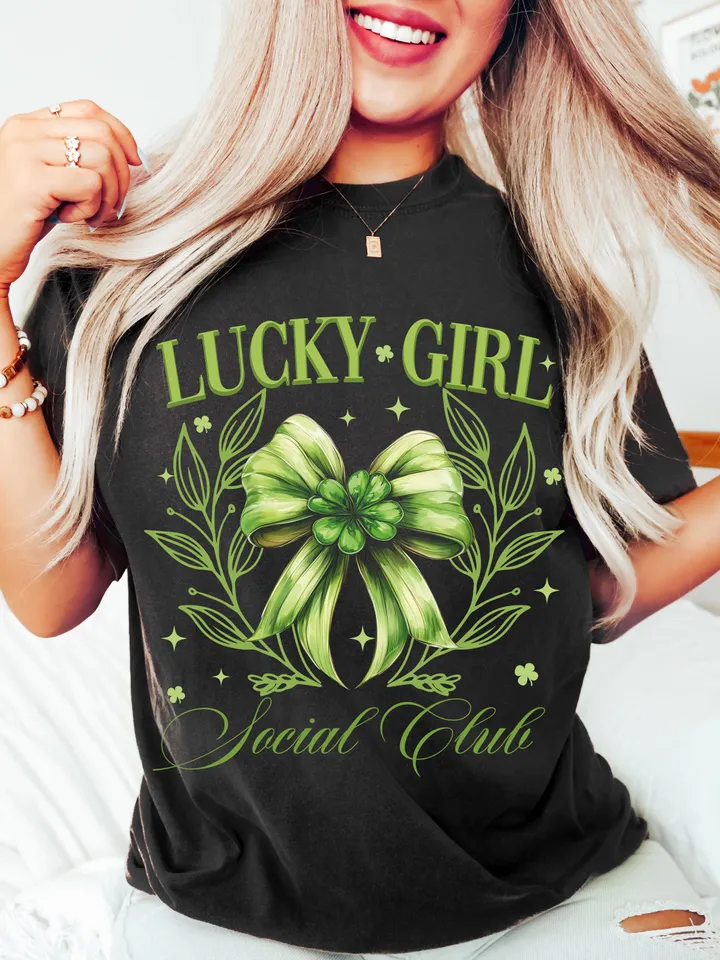 Lucky Girl Social Club Png St. Patrick’s Day Bow png, St Patricks Coquette PNG, Green Coquette PNG, 4 leaf clover png, St Patrick's Day png