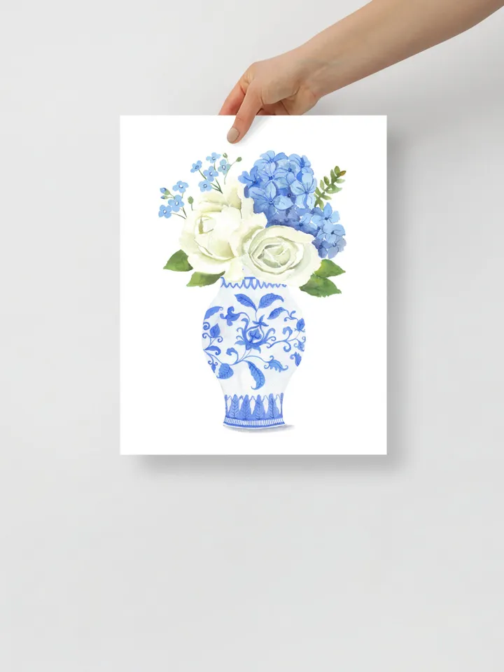Chinoiserie Vase Wall Art Print, Hydrangea Painting, Ginger Jar Art, Blue and White Porcelain  Vase,Housewarming Gift, Apartment Decor Print