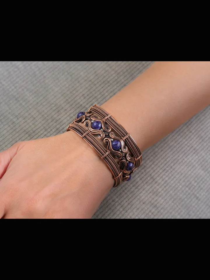 Copper wire wrapped bracelet with charoite for lady Antique style WireWrapArt