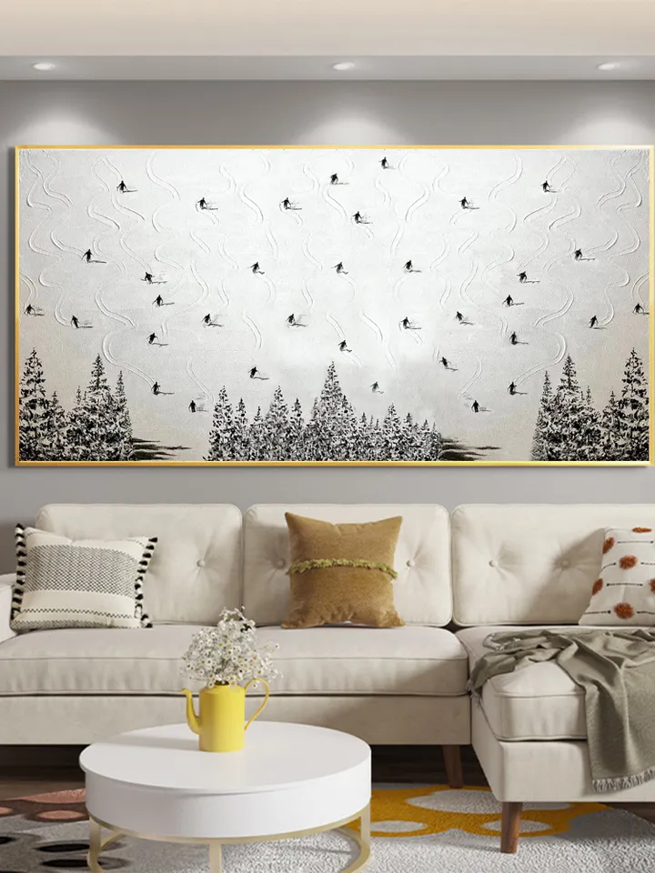 Large Original Ski Sport Painting on Canvas, Texture Wall Art, Skier on Snowy Mountain Art White Snow Skiing Art Custom Painting, Home Decor