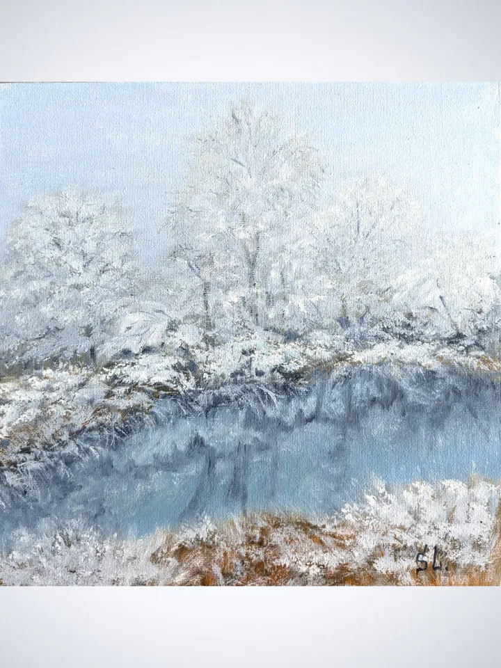 Painting winter landscape original art wall art canvas on cardboard 10x10 inches, oil paints