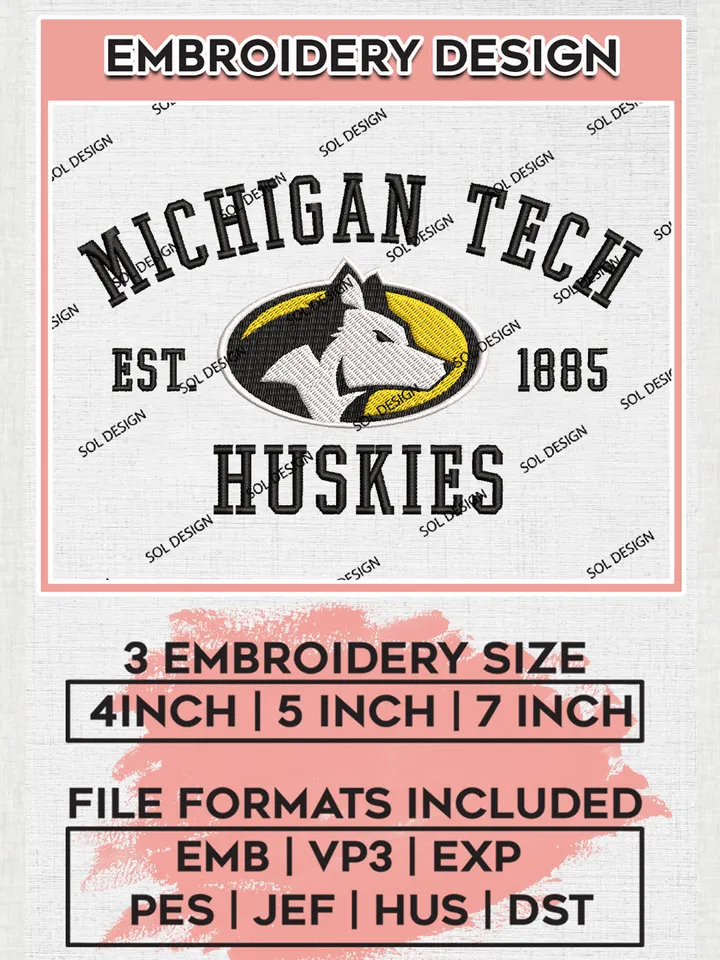 NCAA Michigan Tech Huskies Team Est 1885 Logo Embroidery Design Files, NCAA Michigan Tech Huskies Machine Embroidery, NCAA Teams, 3 sizes, NCAA Machine embroidery designs, Digital Download