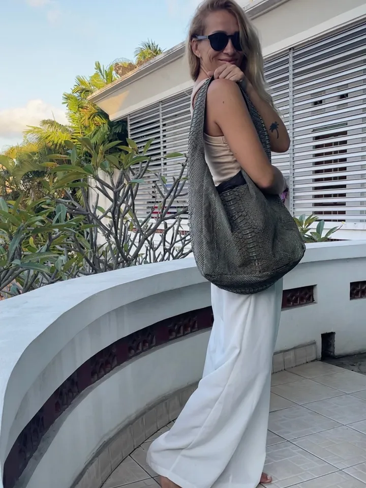 Big Soft Hobo Classy Sport Woman Bag | Purse Genuine Python Skin | Grey Riva Elegant Leather Designer Soft Bag Snake | exotic leather purse