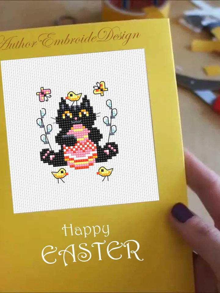 Set Black cat cross stitch pattern PDF download Easter cross stitch chart, Mini cat pattern digital PDF, Easter eggs, Cat holiday cards #T41