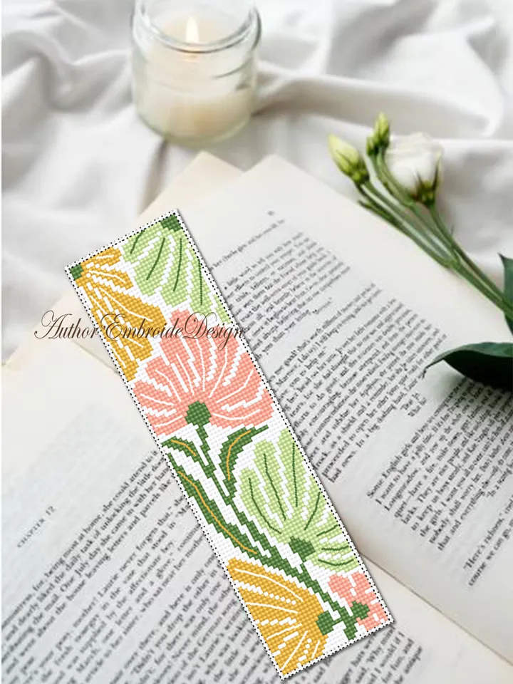Abstract flowers bookmark cross stitch pattern PDF download Boho flowers cross stitch chart, Modern bookmark pattern digital PDF #B303