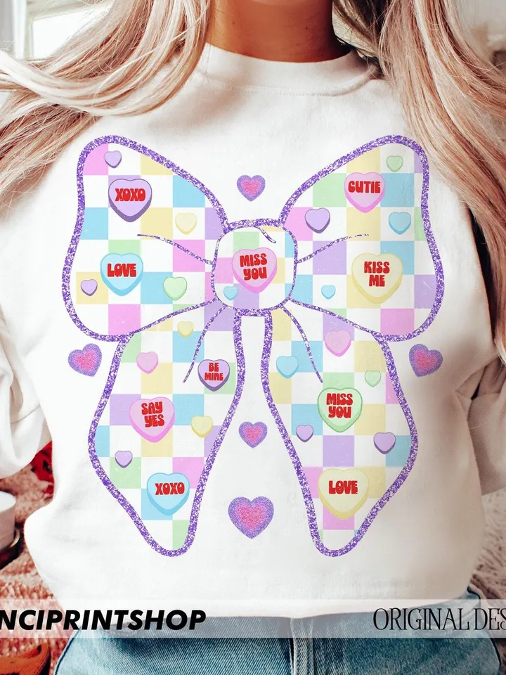 Valentines Candy Heart Bow png, Valentines Coquette Bow png, Cute Valentines png, Valentines Day png, Valentines Shirt png, Coquette bow png