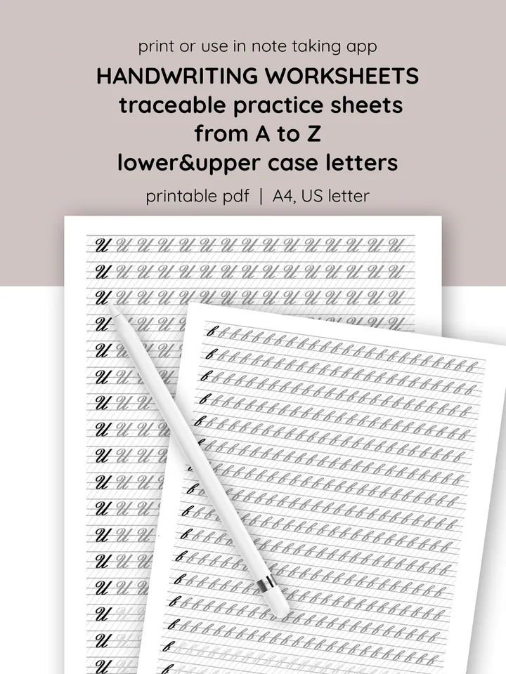 Printable Traceable Calligraphy Worksheets for Capital & Lowercase Letters. Cursive handlettering practice for adults. Printable writing templates. Downloadable cursive handwriting worksheets.