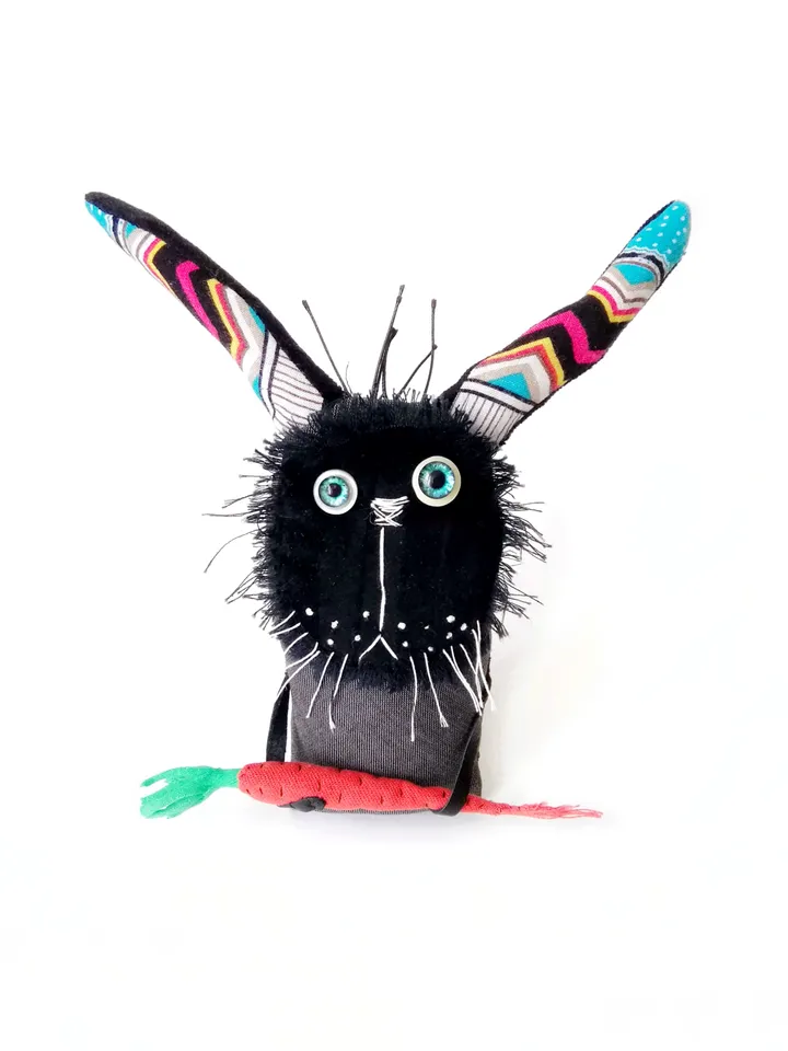 Handmade Quirky and Unique Fabric Art Doll Bunnies: One-of-a-Kind Fun Delightful Interior Decor Toys with a Spooky Twist. FREE SHIPPING!
