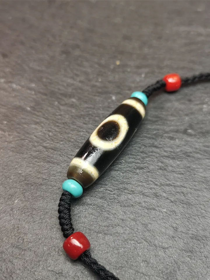 Gandhanra Antique Tibetan Sky & Earth Dzi Bead Necklace,1.38&quot; x 0.4&quot;,30 Years Old