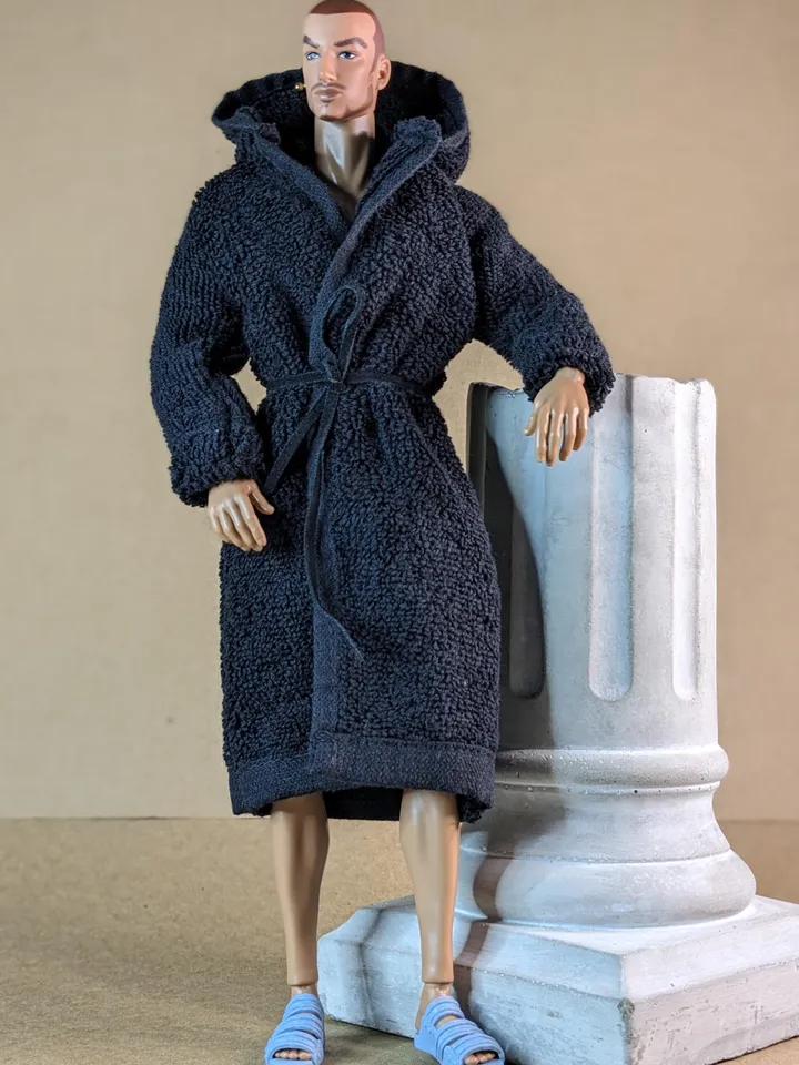Navy blue terry bathrobe with a hood for 13 inch fashion male doll (FR Homme, Poppy Parker, Adonis)