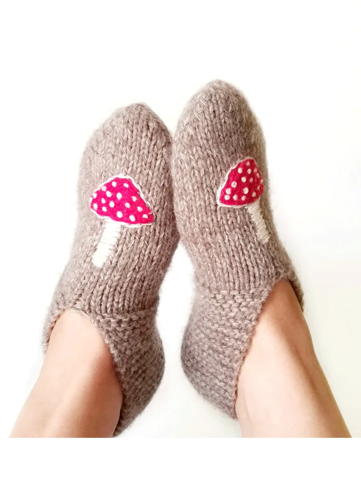 Hand-Knitted Mushroom Embroidered Socks-Slippers for Women, Merino and Alpaca Wool. Cute Warm Indoor Slipper-Socks. FREE SHIPPING!