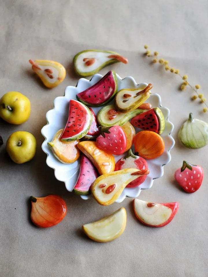 Warm brooch made of polymer clay, pear pin