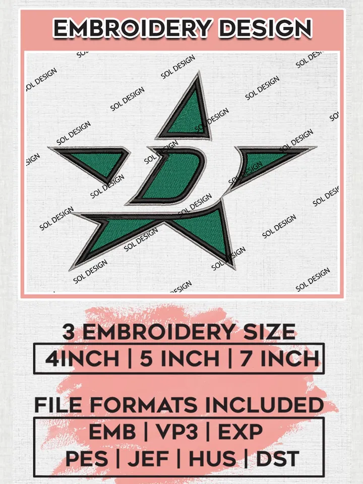 NHL Dallas Stars Machine Embroidery Designs, NHL Dallas Stars Team Logo Embroidery, Hockey Team Logo Emb Files, NHL Stars, Machine embroidery Files, Digital Download