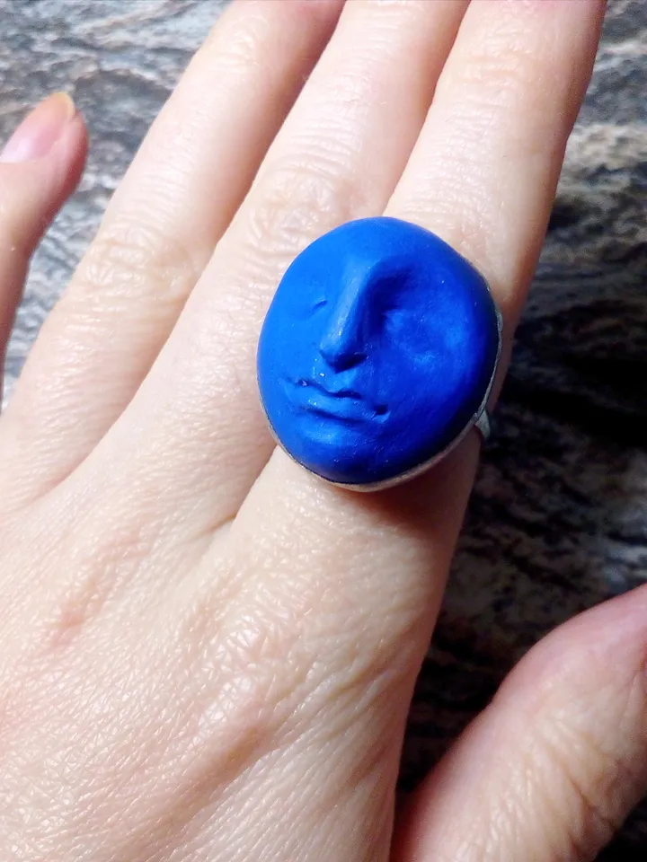 Blue moon clay ring, face moon Goddess ring, Halloween witchy ring,  Samhein bijouterie
