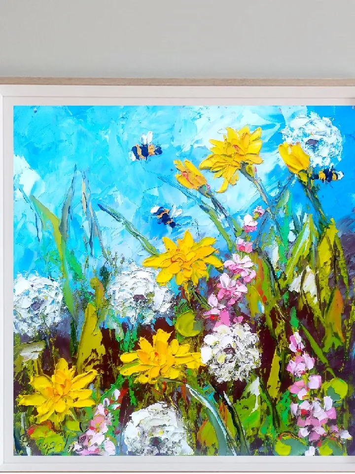 Honeybee Painting Dandelion Original Art Floral Impasto Painting Dandelion Wall Art Flowers Wall Art by ArtProkopaloSv