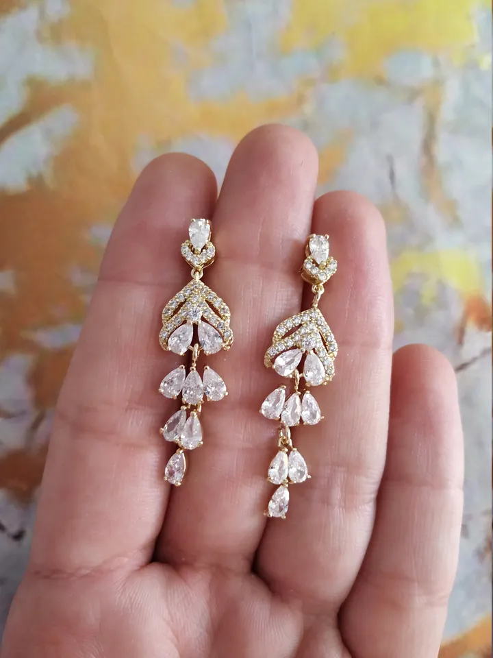 Diamond Gold Wedding Earrings, Vintage Style Bridal Earrings, Teardrop Dangle Stud Zircon Wedding Earrings Art Deco Rose Gold Bridal Jewelry