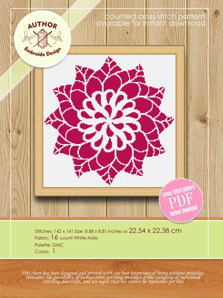 Flower mandala cross stitch pattern download PDF Easy mandala digital PDF Monochrome cross stitch Modern quick cross stitch Home decor #M124