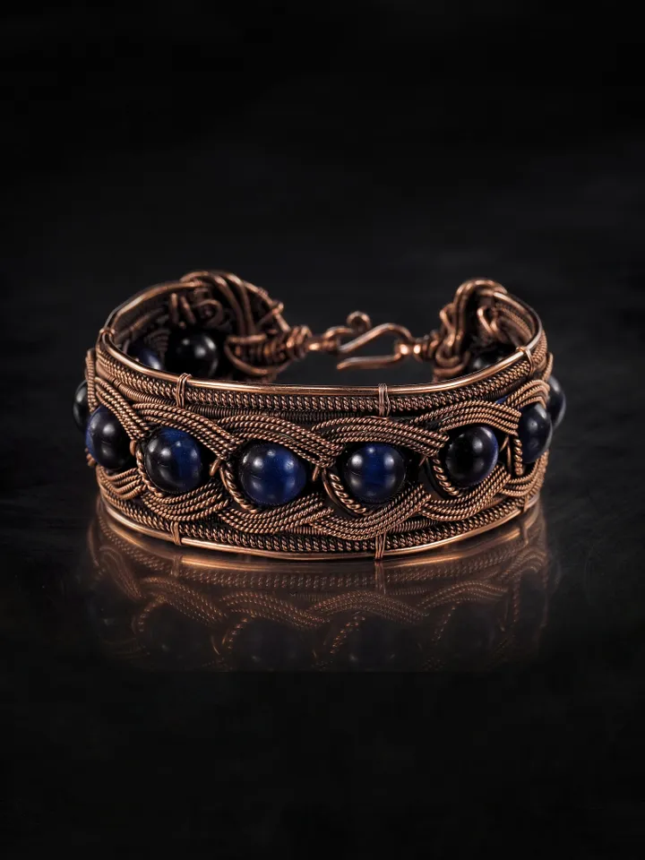 Copper wire bracelet with natural falcon eye, 7th Wedding Anniversary gift
