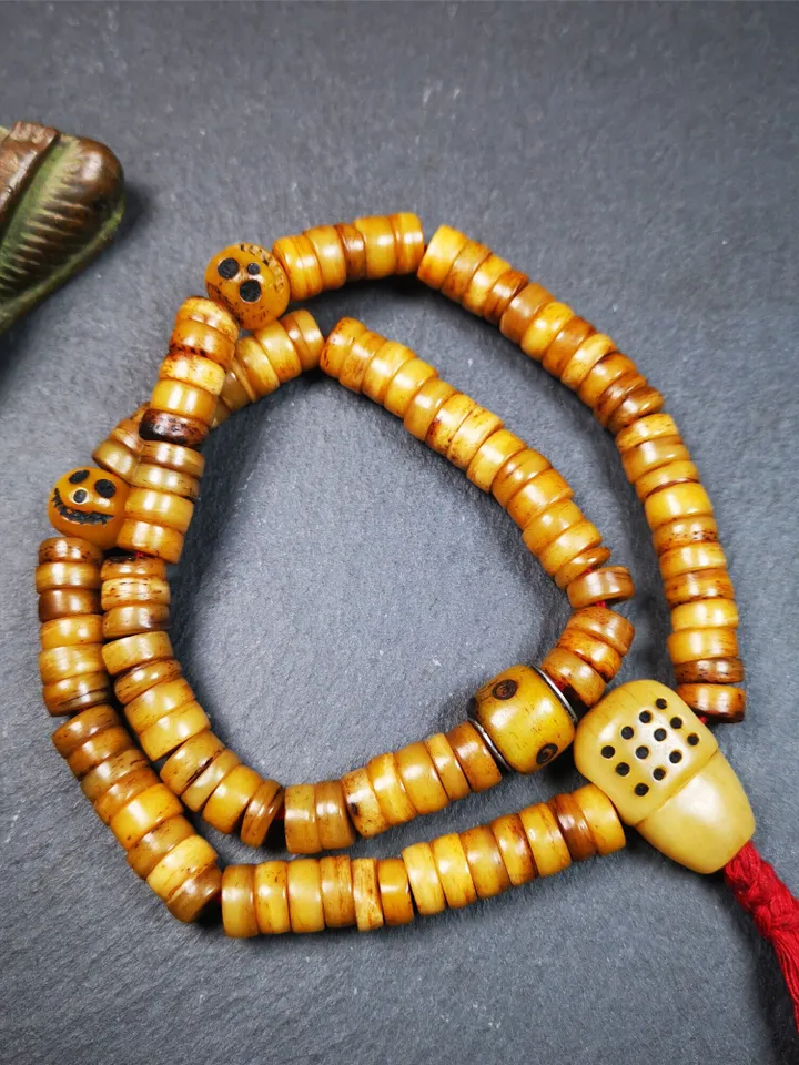 Gandhanra Old Tibetan 108 Yak Bone Mala,Prayer Beads Necklace,Rosary Beads for Meditation,Diameter 0.35", Circumference 16.5"