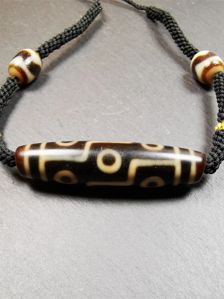 Gandhanra Antique Tibetan 9 Eyed Dzi Bead Necklace, 2.1&quot; x 0.51&quot;, 30 Years Old