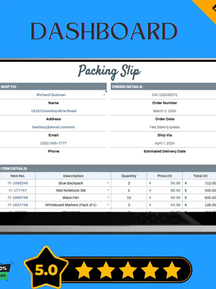 Dropshipping Packing Slip Template, Printable Shipping Invoice, Order Packing List, Google Sheets for E-commerce