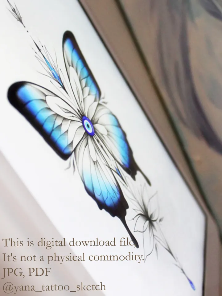 Turkish Evil Eye Tattoo Design Butterfly Tattoo Idea Sketch Protective Symbol Nazar Tattoo Stencil, Instant download PDF, JPG