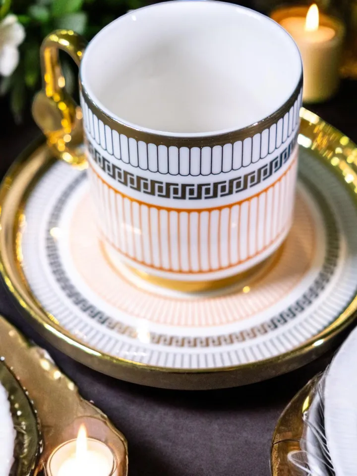 90 ml Creative Handle Elegant Orange & Gold Design Porcelain Coffee Cup Set | Luxurious Durable Cup Set Perfect Gift First Mothers Day Gift